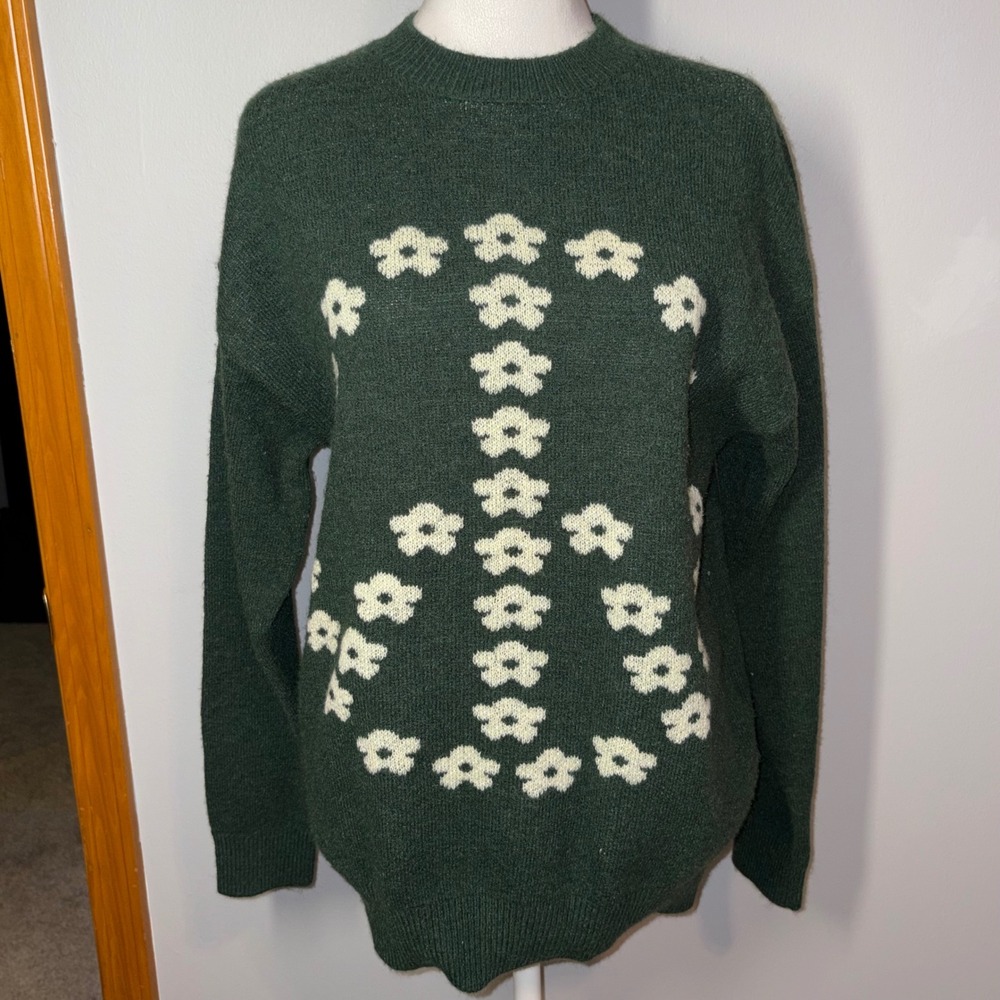 Witty Fox Green Peace Sign Floral Knit Sweater Young Contemporary Size‎ S